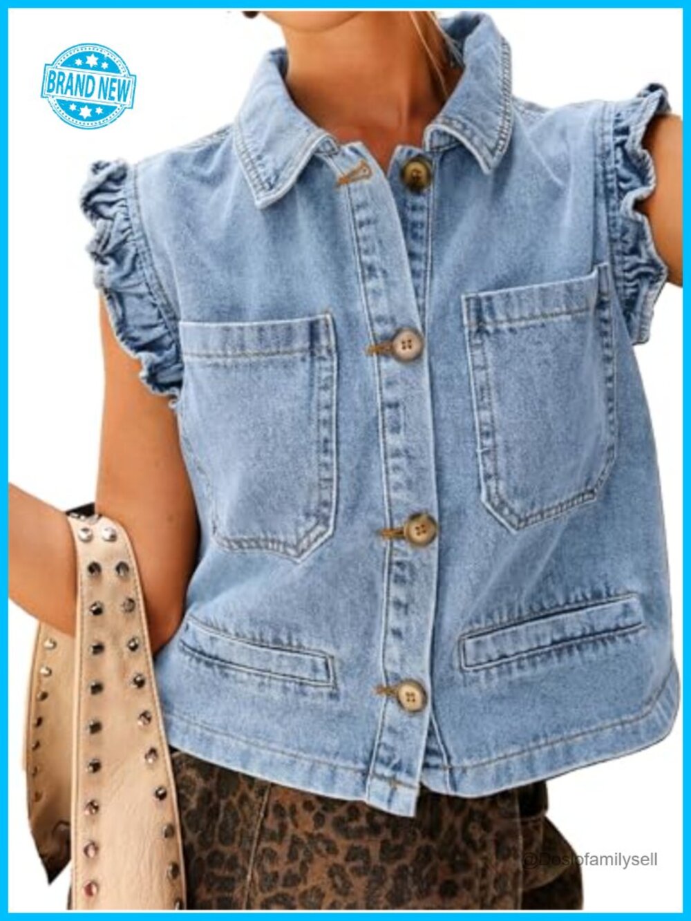 Denim Vest Sleeveless Ruffle Cuffed Cropped Jacket Top